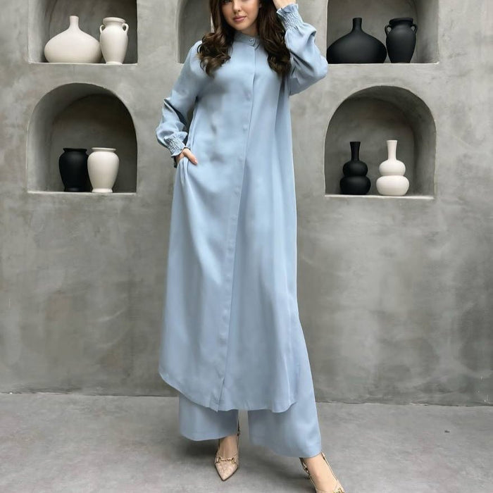 2-Piece Mandarin Collar Longline Shirt & Wide Leg Pants Set(MS418)