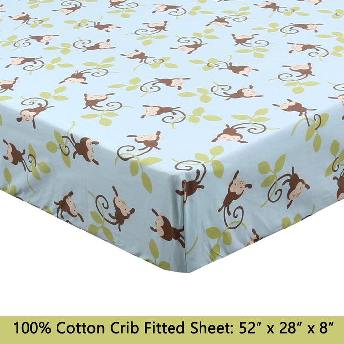 3-Piece Crib/Toddler Cotton Sheet Set Blue Jungle Monkey Tails Swing