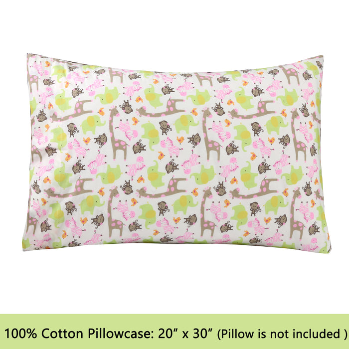 3-Piece Crib/Toddler Cotton Sheet Set Pink Jungle Zoo Animal Friends Giraffe Monkey Elephant Zebra Bird