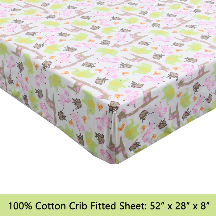 3-Piece Crib/Toddler Cotton Sheet Set Pink Jungle Zoo Animal Friends Giraffe Monkey Elephant Zebra Bird