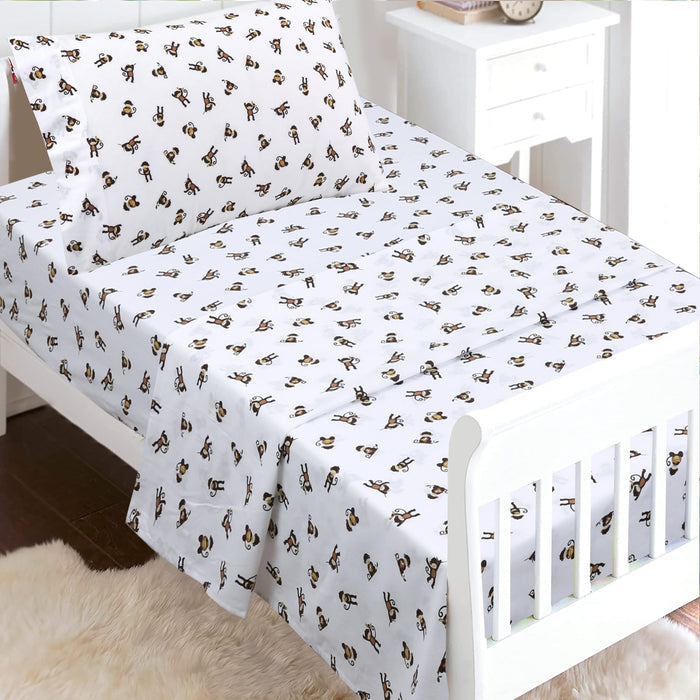 3-Piece Crib/Toddler Cotton Sheet Set White Brown Monkey Around Jungle Bananas