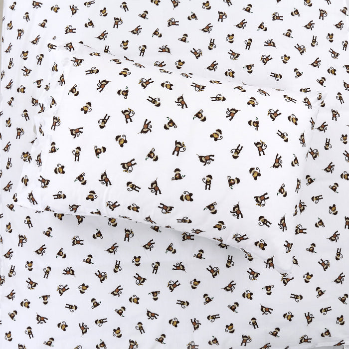 3-Piece Crib/Toddler Cotton Sheet Set White Brown Monkey Around Jungle Bananas