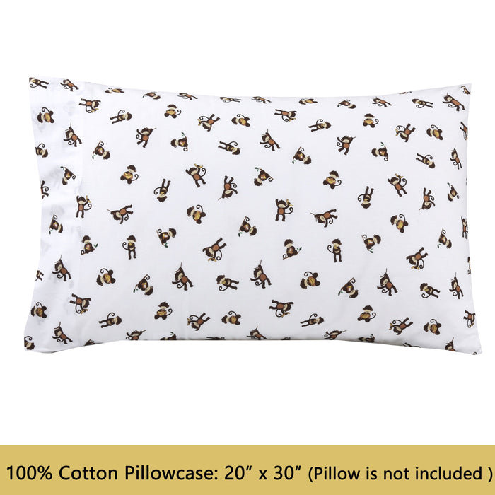 3-Piece Crib/Toddler Cotton Sheet Set White Brown Monkey Around Jungle Bananas