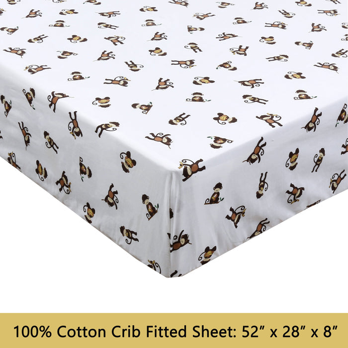 3-Piece Crib/Toddler Cotton Sheet Set White Brown Monkey Around Jungle Bananas