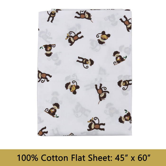 3-Piece Crib/Toddler Cotton Sheet Set White Brown Monkey Around Jungle Bananas
