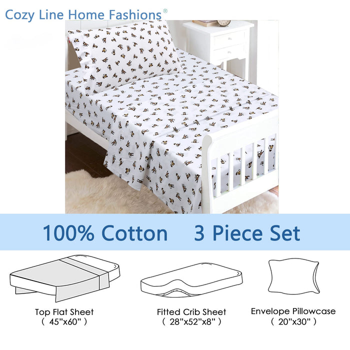 3-Piece Crib/Toddler Cotton Sheet Set White Brown Monkey Around Jungle Bananas
