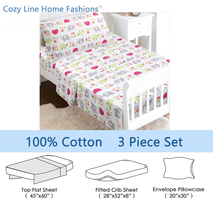 3-Piece Crib/Toddler Cotton Sheet Set White Pink Grey Sweet Floral Friends Baby Elephant Turtle