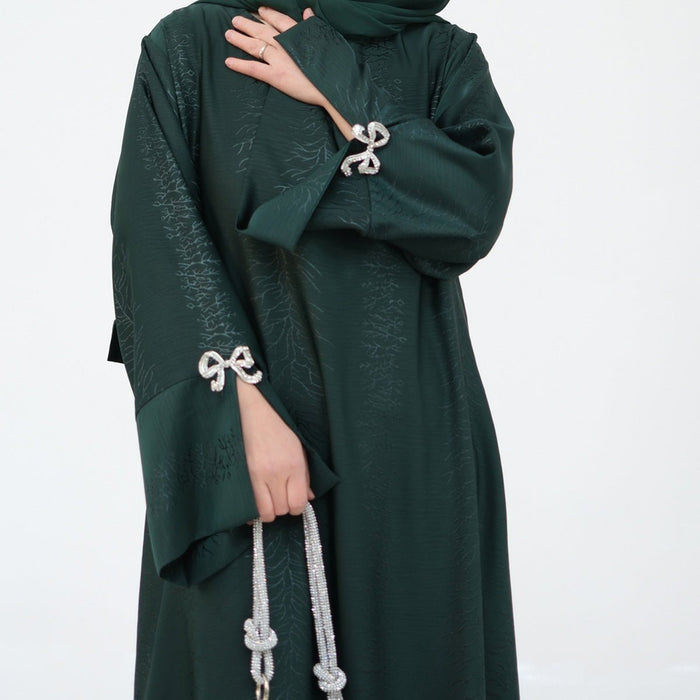 3D Jacquard Bow Abaya & Hijab Set | Butterfly Sleeve Brocade Dress(MA352)