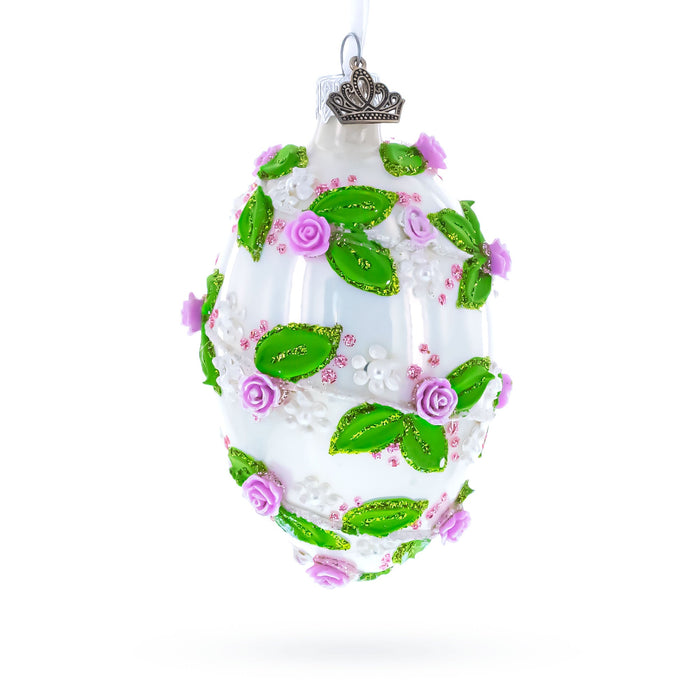 3D Roses in Silver Spiral Glass Egg Ornament 4 Inches