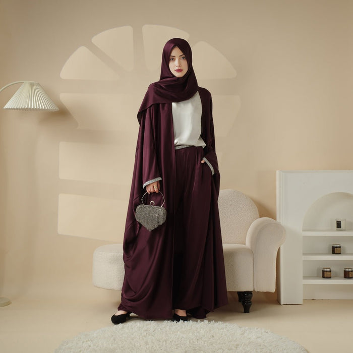 Abaya With Satin Shirt And Rhinestone Trousers | 4-Piece Set Abaya (MOA060)