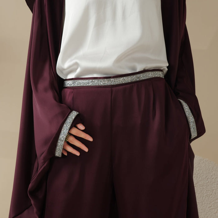 Abaya With Satin Shirt And Rhinestone Trousers | 4-Piece Set Abaya (MOA060)