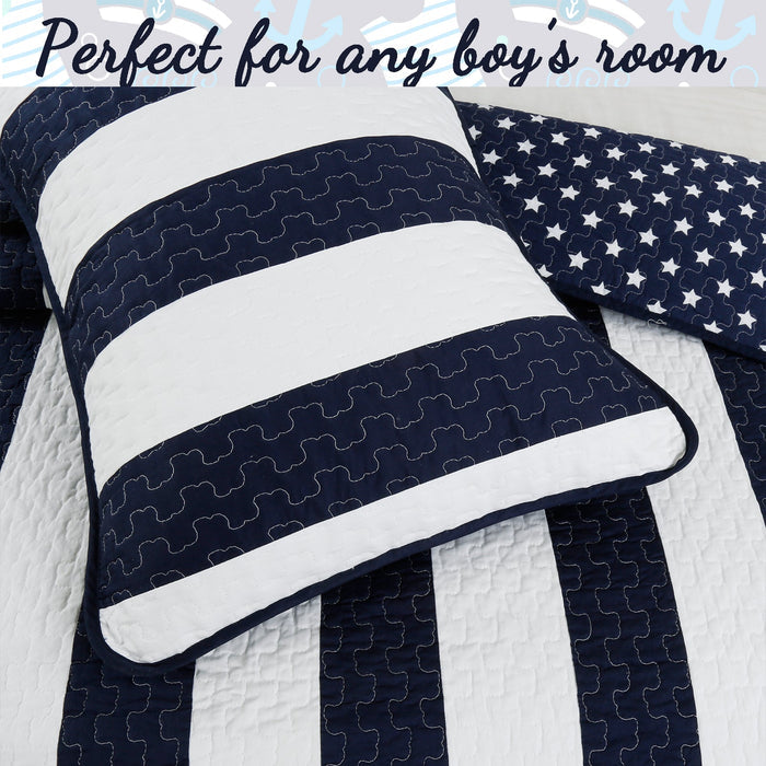 Ameristar Sailor Blue & White Striped Cotton Reversible Quilt Bedding Set