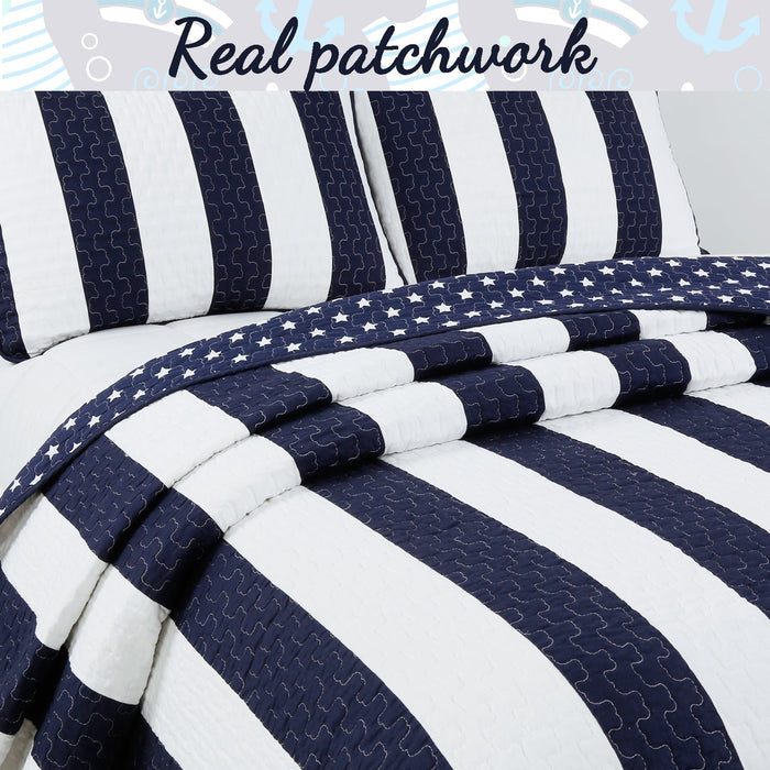 Ameristar Sailor Blue & White Striped Cotton Reversible Quilt Bedding Set
