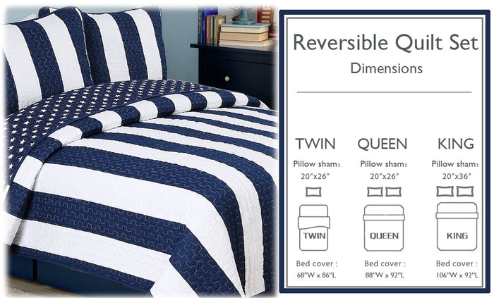 Ameristar Sailor Blue & White Striped Cotton Reversible Quilt Bedding Set