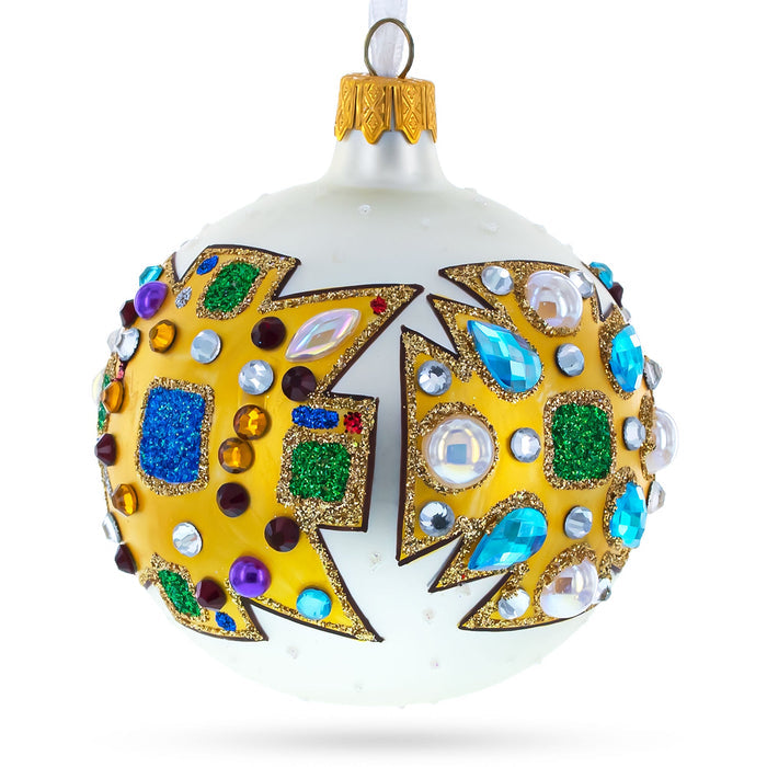 Artisan Blown Hand-Painted Glass Ball Ornament – French Couturier Bejeweled Elegance, 3.25 Inches