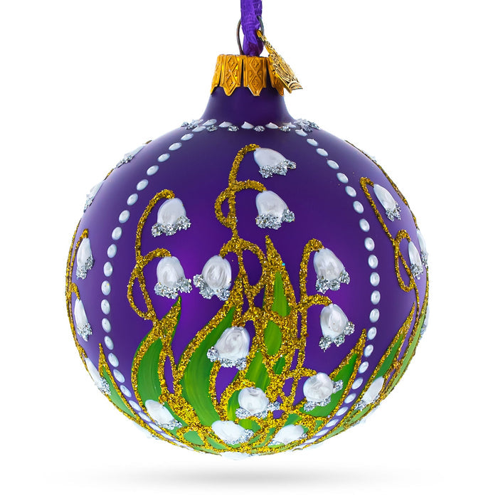 Artisan Blown Hand-Painted Glass Ball Ornament – Lilies of the Valley on Purple Royal, 3.25 Inches