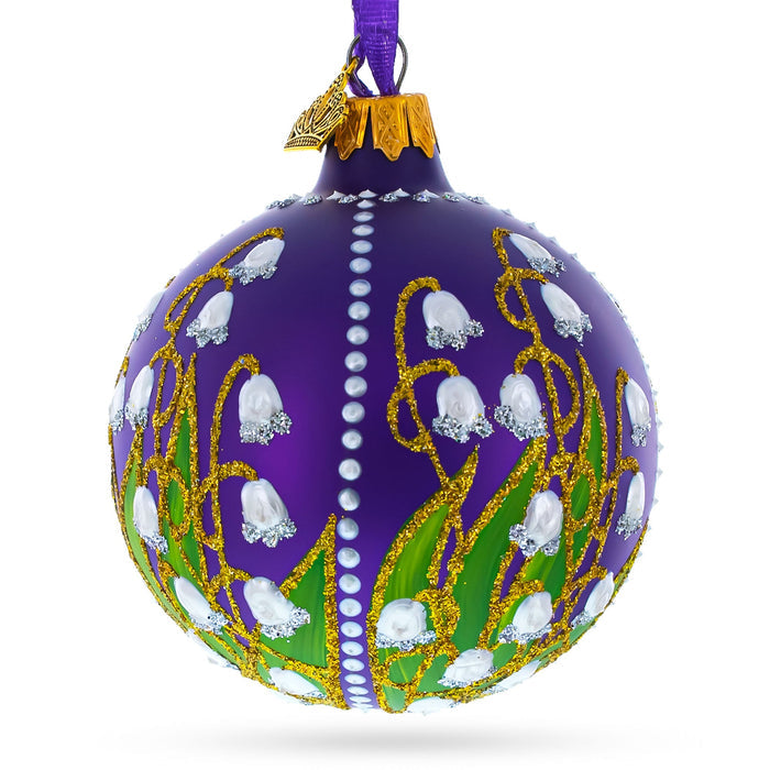 Artisan Blown Hand-Painted Glass Ball Ornament – Lilies of the Valley on Purple Royal, 3.25 Inches