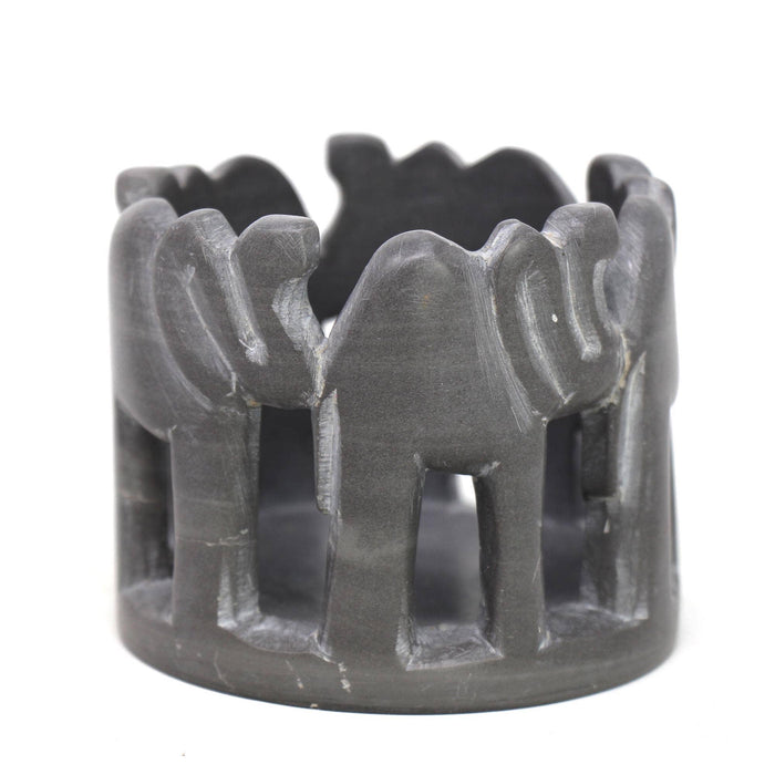 Artisan Hand-Carved Circle of Elephants Soapstone Tea Light Holder
