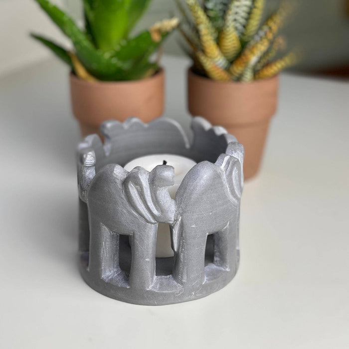 Artisan Hand-Carved Circle of Elephants Soapstone Tea Light Holder
