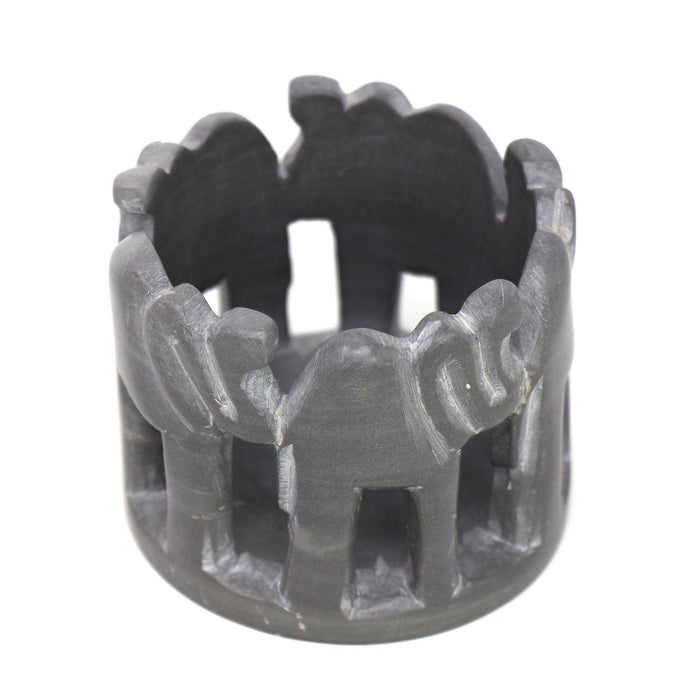 Artisan Hand-Carved Circle of Elephants Soapstone Tea Light Holder