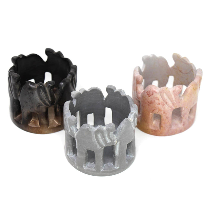 Artisan Hand-Carved Circle of Elephants Soapstone Tea Light Holder