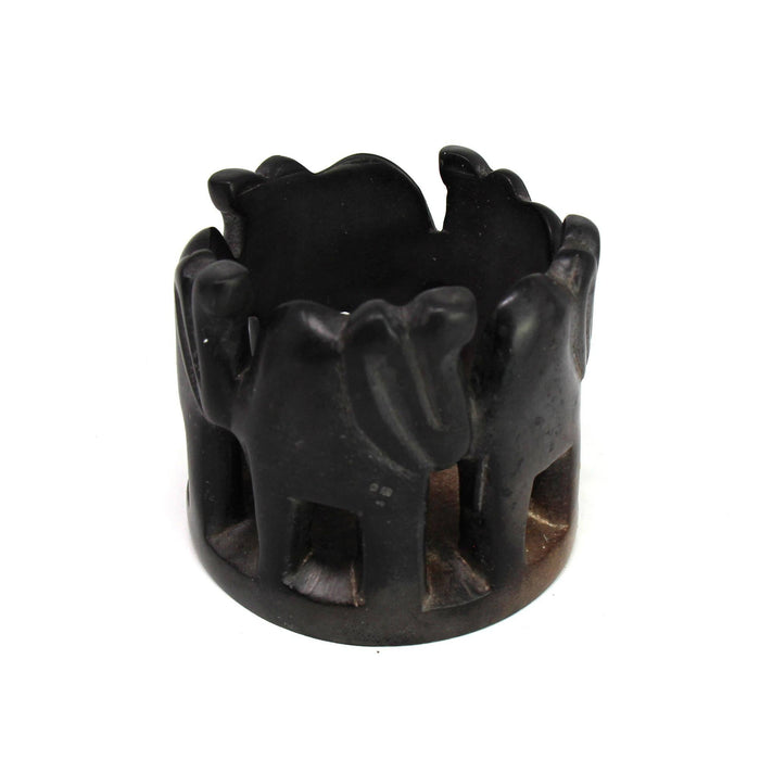 Artisan Hand-Carved Circle of Elephants Soapstone Tea Light Holder