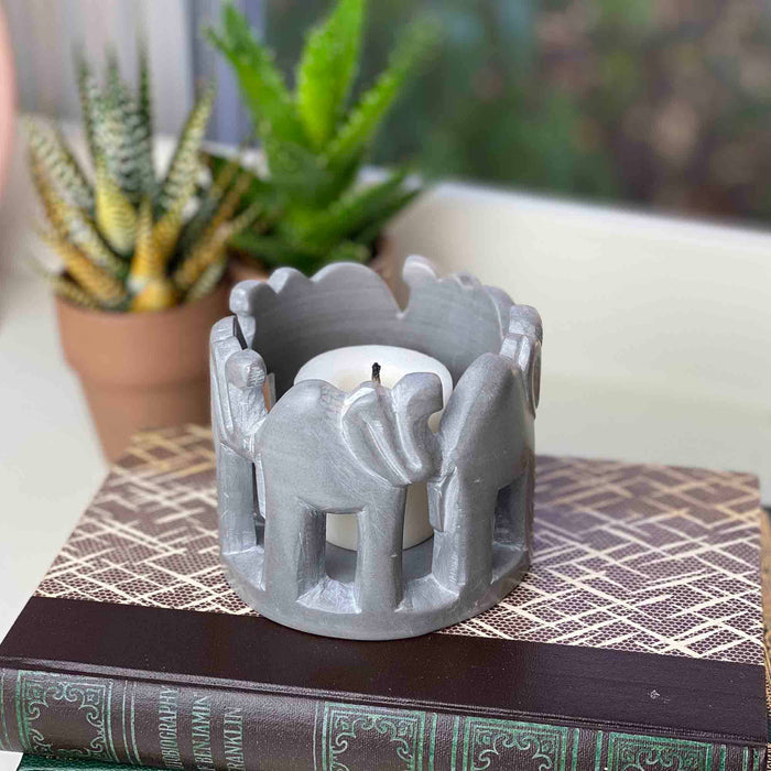 Artisan Hand-Carved Circle of Elephants Soapstone Tea Light Holder