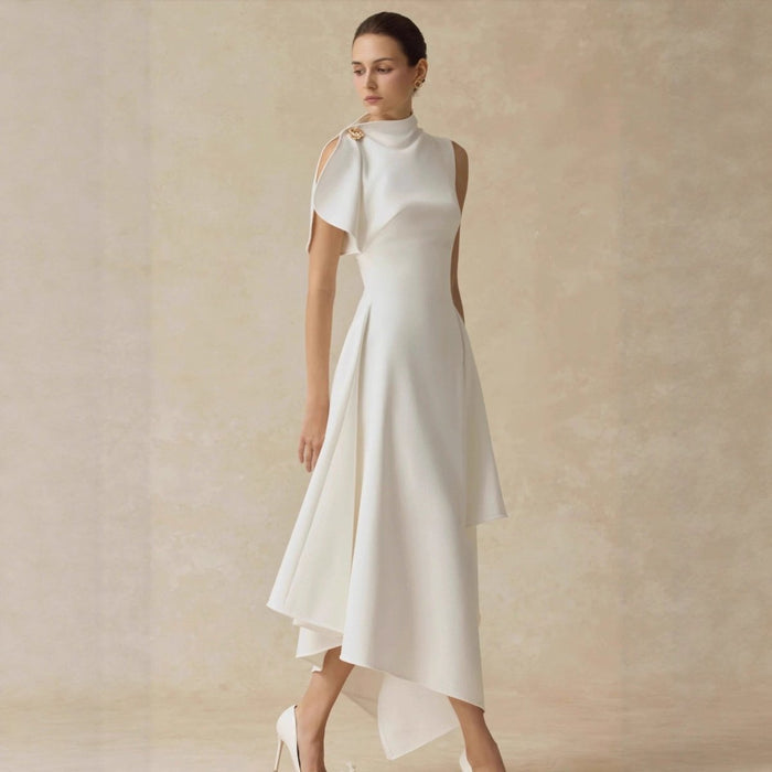 Asymmetric Draped Shoulder Hi-Lo Formal Dress(MS416)