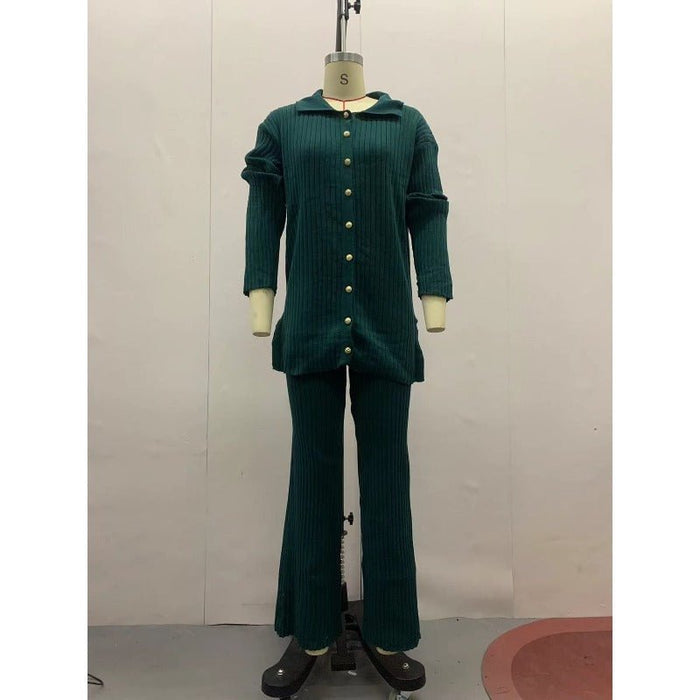 Autumn Winter Knit Two-Piece Set | Button-Up Collar Top & Elastic Waist Pants(MS125)