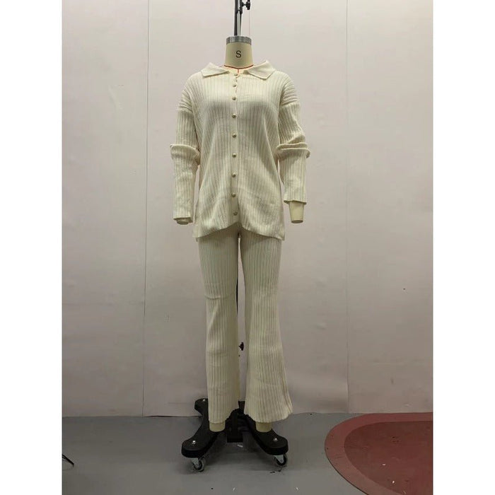 Autumn Winter Knit Two-Piece Set | Button-Up Collar Top & Elastic Waist Pants(MS125)