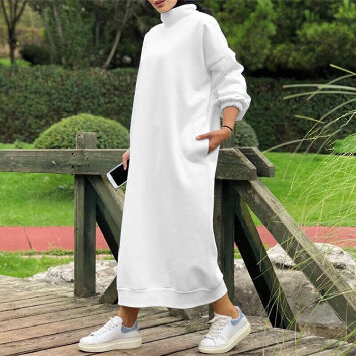 Autumn Winter  Lined Turtleneck Maxi Dress | Casual Sweatshirt Dress with Elastic Cuffs (MS138)