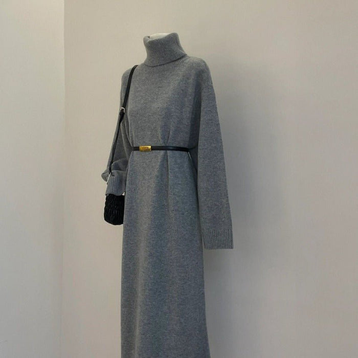 Autumn Winter Turtleneck Knit Maxi Dress | Elegant Lazy Style Grey Long Sleeve Sweater Dress(MS131)