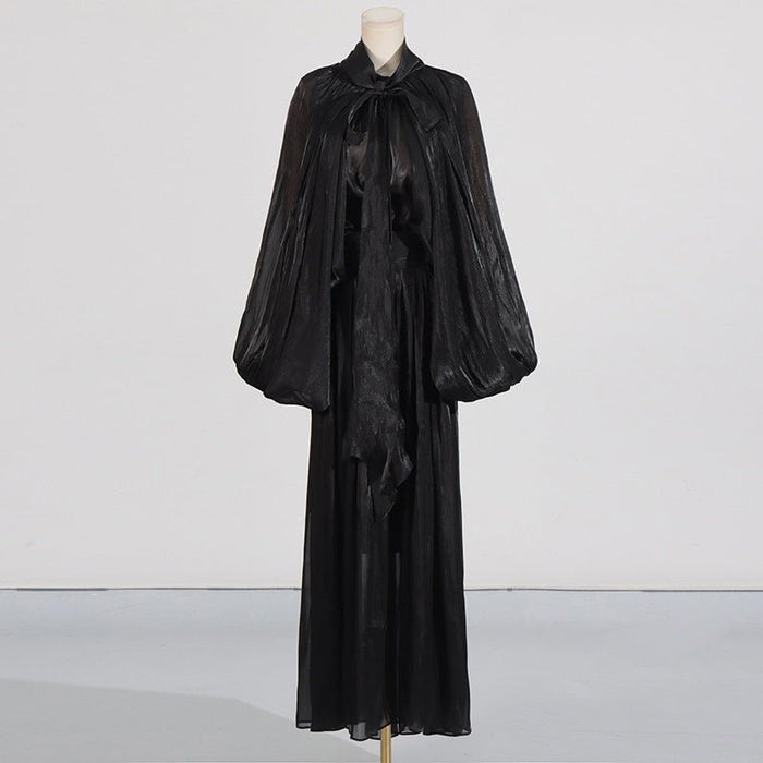 Balloon Sleeve Tie-Neck Maxi Dress(MS303)