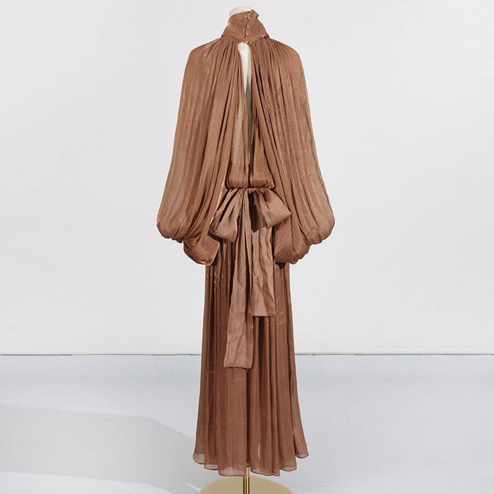 Balloon Sleeve Tie-Neck Maxi Dress(MS303)