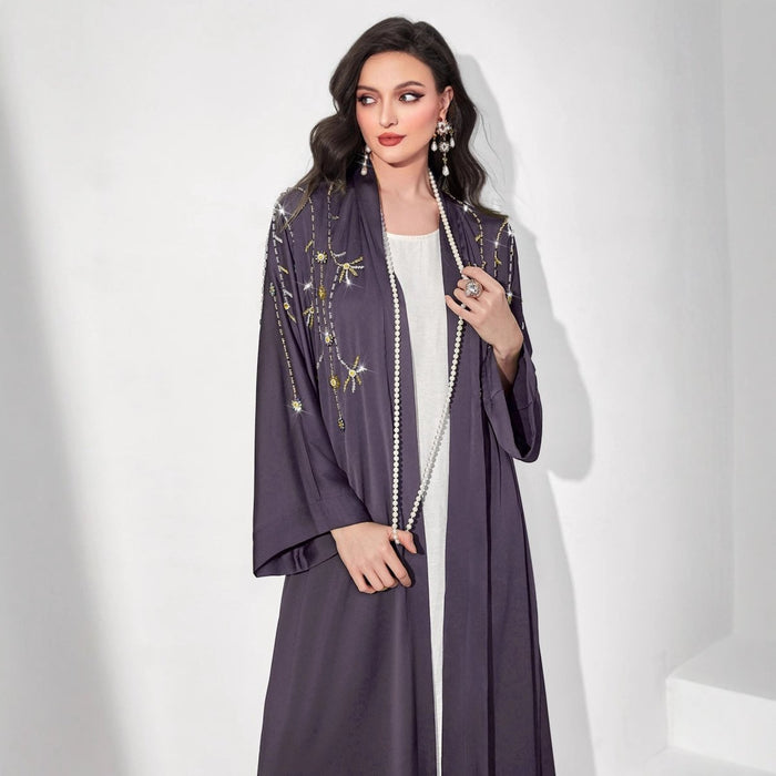 Beaded Floral Vine Abaya | Open-Front Embellished Cardigan (MOA268)
