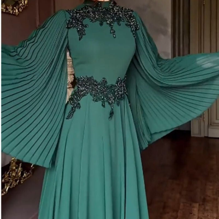 Beaded Lace Evening Gown | Pleated Sleeve Maxi Dress with Crystal Applique(MA346)