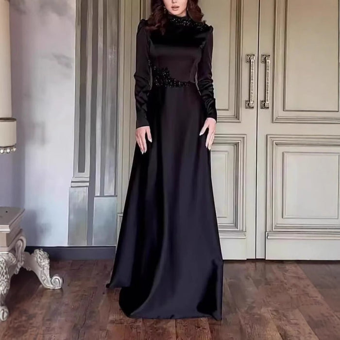 Beaded Satin Evening Gown | High Neck Long Sleeve Maxi Dress(MA348)