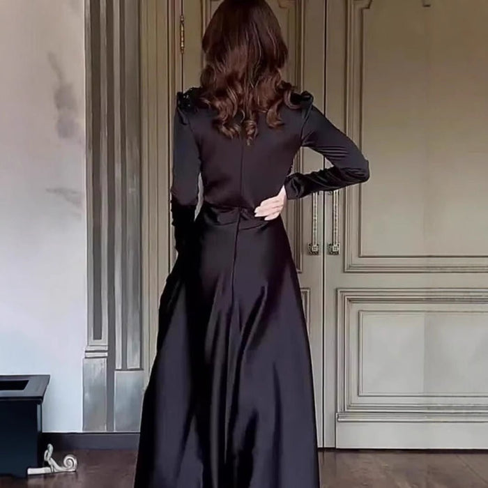 Beaded Satin Evening Gown | High Neck Long Sleeve Maxi Dress(MA348)