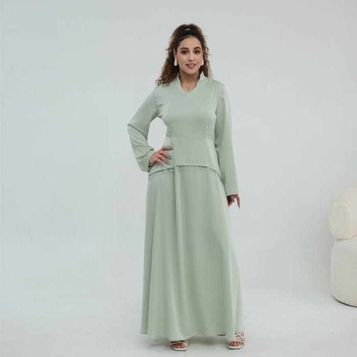 Beaded-Waist Corset-Back Flared-Sleeve Maxi Dress(MS476)