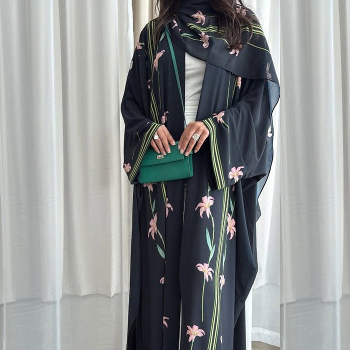 Black Floral Print Abaya Set | Lightweight Breathable Cardigan with Matching Hijab(MOA230)
