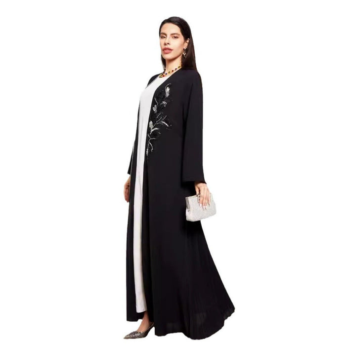 Black & Silver Embroidered Open Front Robe - Modest Elegant Abaya(MOA216)