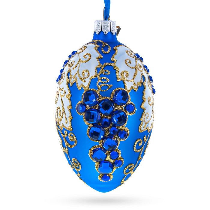 Blue Grapes on White Glass Egg Ornament 4 Inches