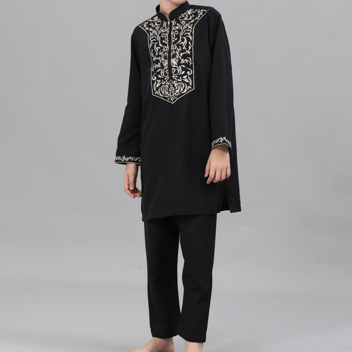 Boys Black Embroidered Tunic & Pants Set (MKB021)