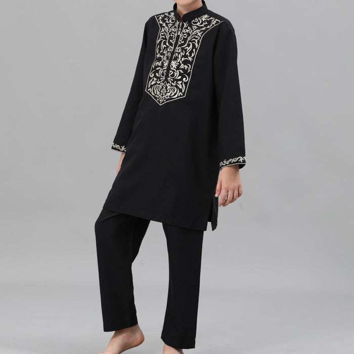 Boys Black Embroidered Tunic & Pants Set (MKB021)