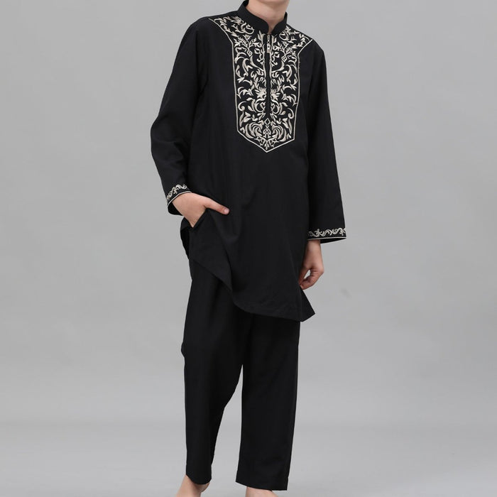 Boys Black Embroidered Tunic & Pants Set (MKB021)