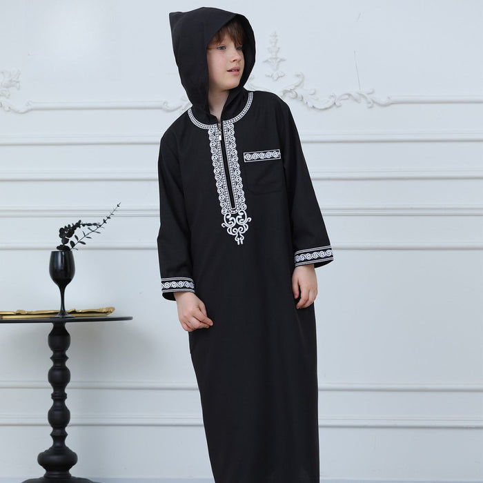 Boys Embroidered Hooded Thobe with Pockets(MKB010)