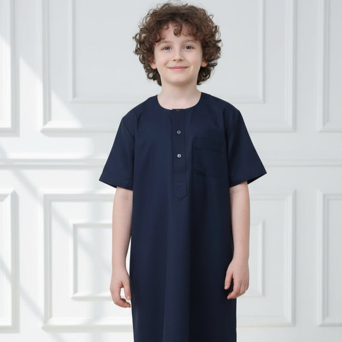 Boys Navy Short Sleeve Thobe with Chest Pocket (MKB022)