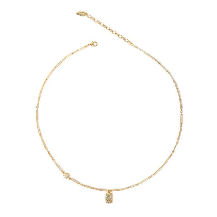 Brass Plated 18K Real Gold Light Luxury Style Zircon Inlaid Square Pendant Necklace(MAC073)