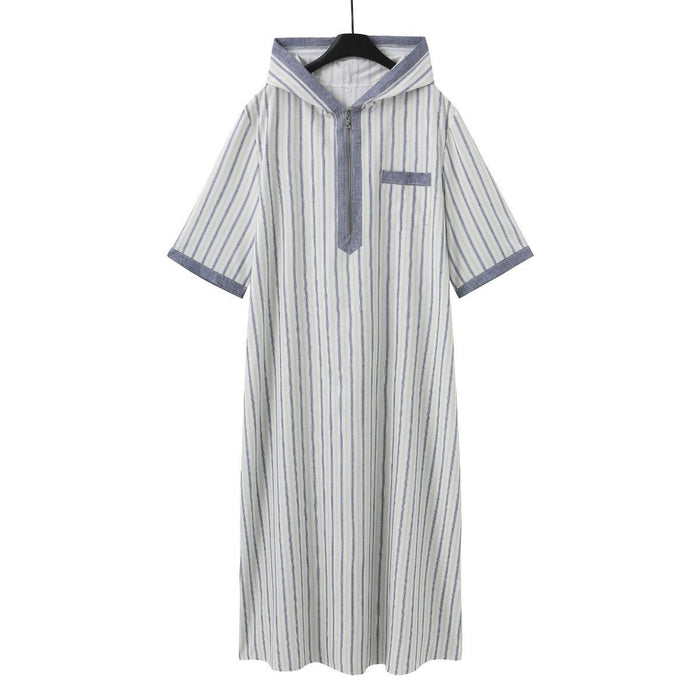 Breathable 3D Digital Print Striped Thobe Men's Loose Fit Short Sleeve Muslim Robe with V-Neck (MT033)