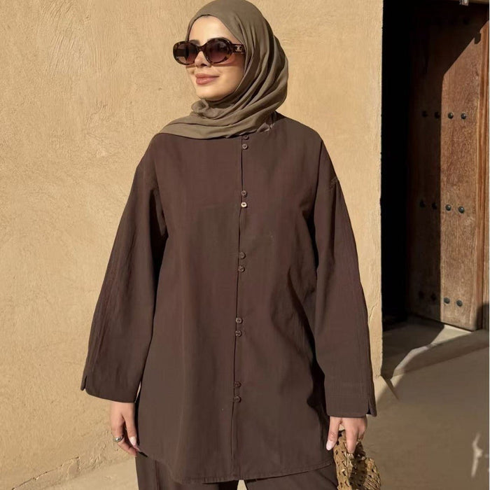 Button-Front Longline Top & Wide-Leg Trouser Set(MS456)